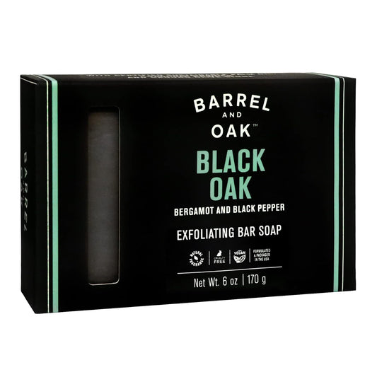 Barrel and Oak - Exfoliating Bar Soap, Men'S Soap Bar, Natural Exfoliator, Deep Cleans Pores & Removes Dead Skin, Certified Sustainable Palm Oil, Charcoal Powder, & Olive Stone, Vegan(Black Oak, 6 Oz)